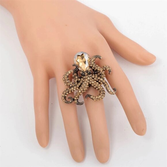 Emerald Gold Crystal Octopus Statement Ring in Antique Gold Finish - 2" - Picture 2 of 7